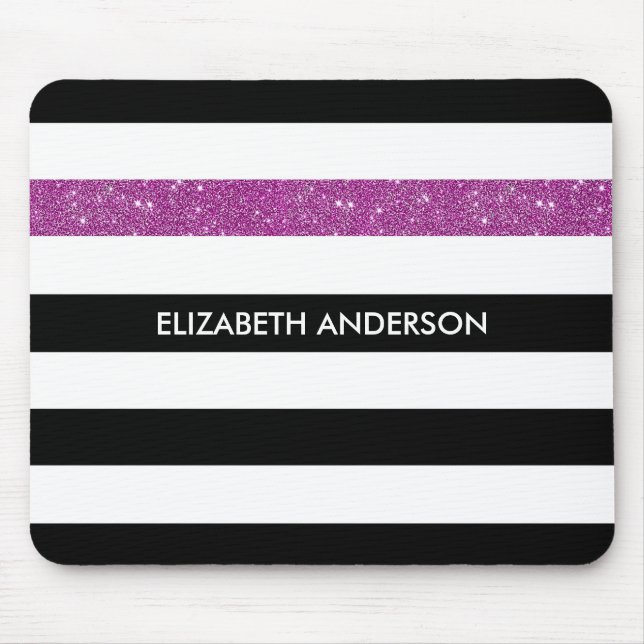 Moderne Black Stripes IMITATE Lila Glitz und Name Mousepad (Vorne)