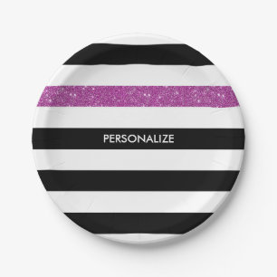 Moderne Black Stripes IMITATE Lila Glitz und Name Pappteller