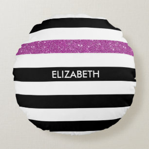 Moderne Black Stripes IMITATE Lila Glitz und Name Rundes Kissen