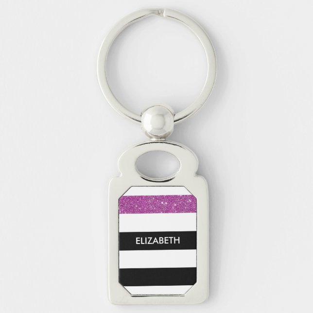 Moderne Black Stripes IMITATE Lila Glitz und Name Schlüsselanhänger (Vorderseite)