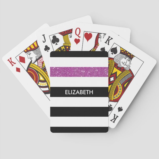 Moderne Black Stripes IMITATE Lila Glitz und Name Spielkarten (Rückseite)