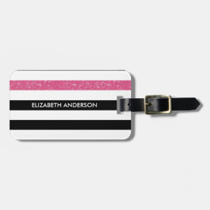 Moderne Black Stripes IMITATE Rosa Glitz und Name Gepäckanhänger