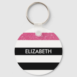 Moderne Black Stripes IMITATE Rosa Glitz und Name Schlüsselanhänger