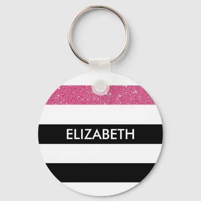 Moderne Black Stripes IMITATE Rosa Glitz und Name Schlüsselanhänger (Vorderseite)