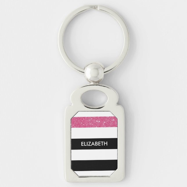 Moderne Black Stripes IMITATE Rosa Glitz und Name Schlüsselanhänger (Vorderseite)