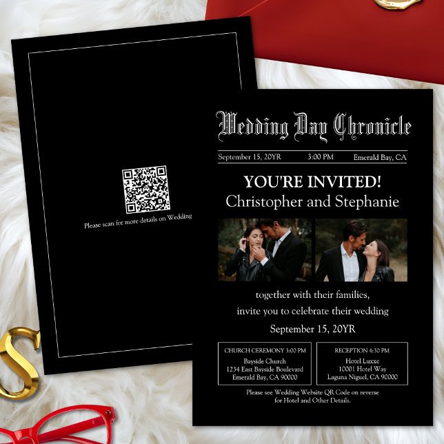 Moderne Black Two Foto QR Code Zeitung Hochzeit Einladung (Personalized Classic Newspaper Style QR Code Black Wedding Invitation)