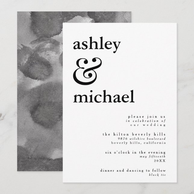 MODERNE BLACK & WHITE AquarellAmpere und Hochzeit Einladung (Vorne/Hinten)