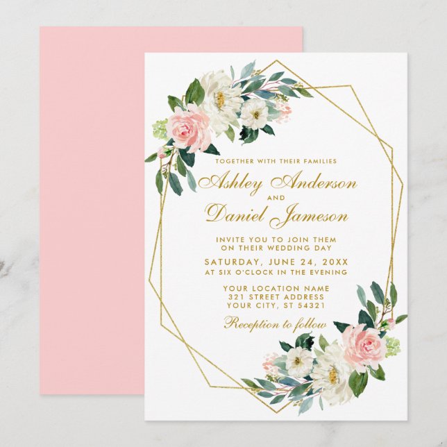 Moderne Bläschen-Rosa-Goldrahmen-Hochzeit P Einladung (Vorne/Hinten)