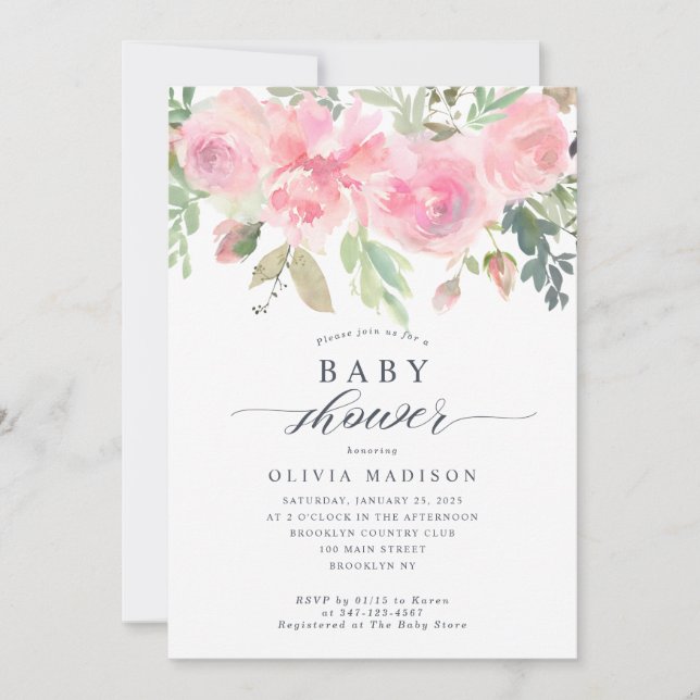 Moderne BläsernBaby-Dusche Rosa Rose Peony Blush Einladung (Vorderseite)