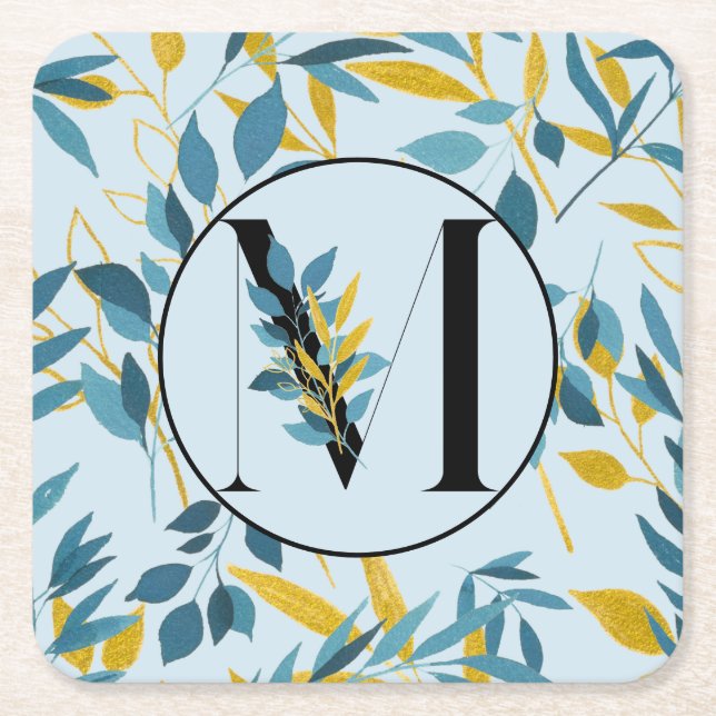 Moderne Blätter Blue Gold "Letter M" Rechteckiger Pappuntersetzer (Vorderseite)