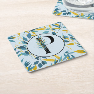 Moderne Blätter Blue Gold "Letter P" Rechteckiger Pappuntersetzer
