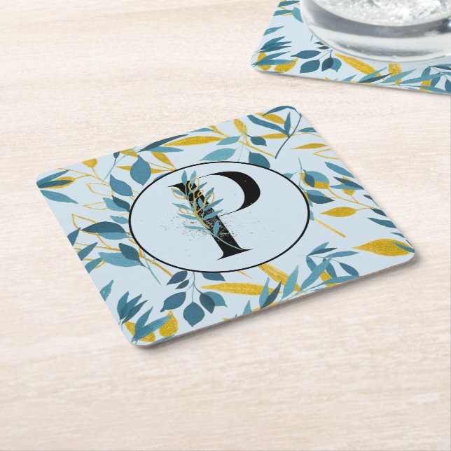 Moderne Blätter Blue Gold "Letter P" Rechteckiger Pappuntersetzer (angewinkelt)