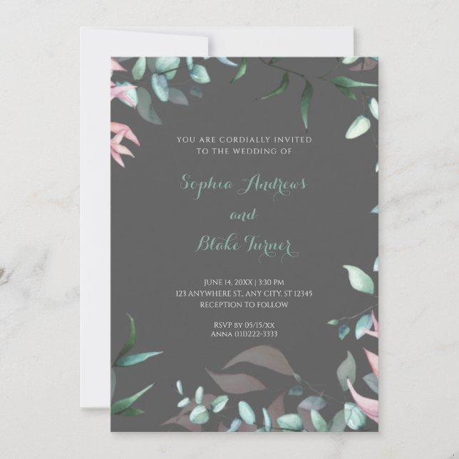 Moderne Blätter in Grün und Rosa Garten Hochzeiten Einladung (Vorderseite)