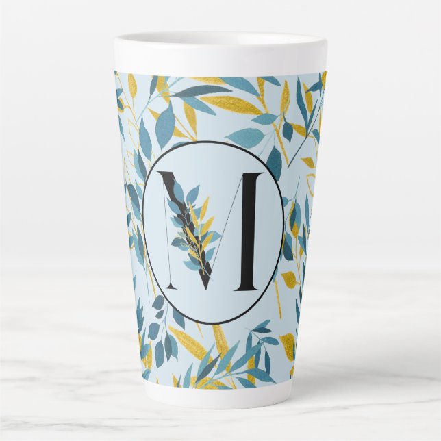 Moderne Blätter Navy Blue Gold "Letter M" Milchtasse (Vorderseite)