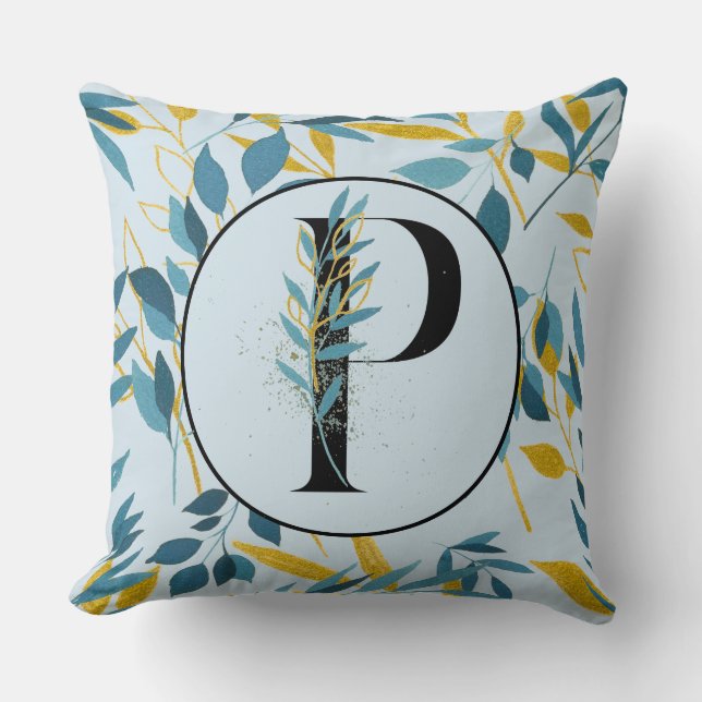 Moderne Blätter Navy Gold Letter "P" Kissen (Vorderseite)