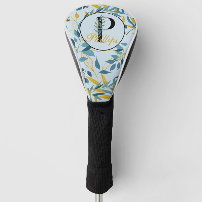Moderne Blätter Navy Gold Monogram "Letter P" Golf Headcover (Vorderseite)