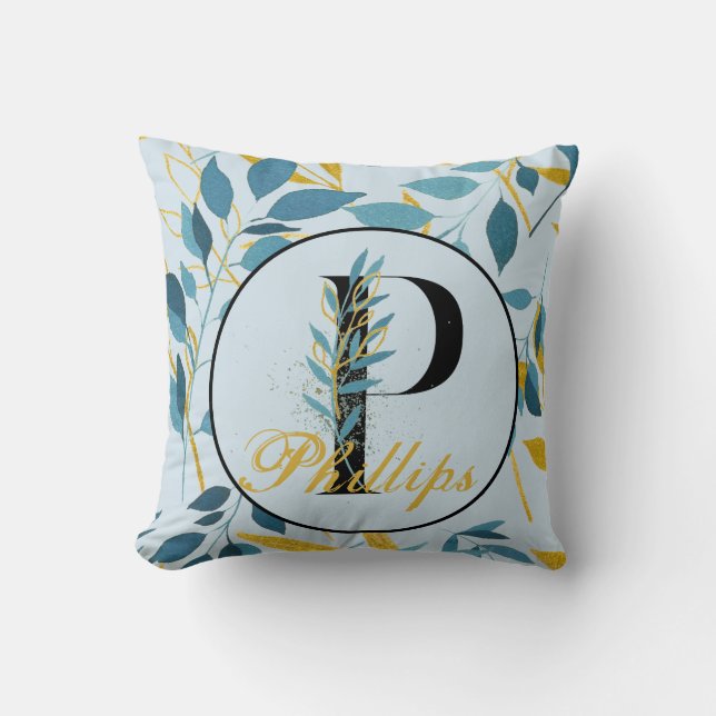 Moderne Blätter Navy Gold Monogram "Letter P" Kissen (Vorderseite)