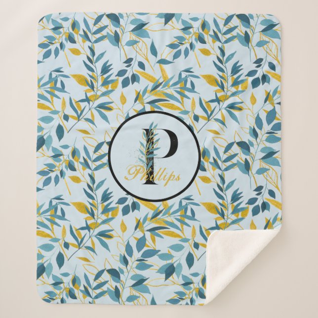 Moderne Blätter Navy Gold Monogram "Letter P" Sherpadecke (Vorderseite)