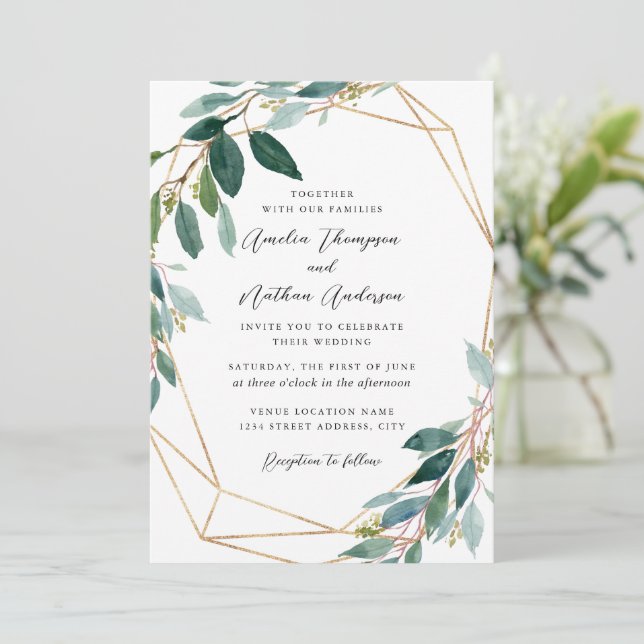 Moderne Blätterkranz-Hochzeit Einladung (Stehend Vorderseite)