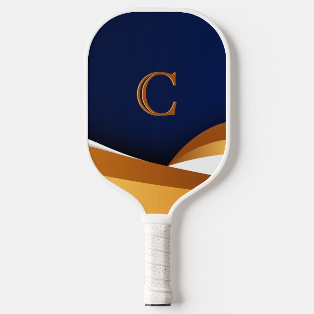 Moderne Blau-Gold-Wave-Monogramm-Gestaltung Pickleball Schläger (Vorderseite)