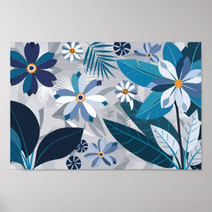Moderne Blau- und Weißblüten mit geometrischen Blä Poster