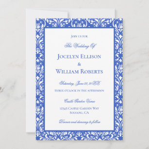Moderne Blau-Weiß-Damast-Hochzeit Einladung