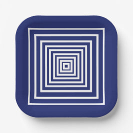 Moderne, blau-weiße Quadrate geometrisches Muster Pappteller
