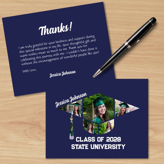Moderne blaue Abschluss-Fotomaterial Dankeskarte (Modern Navy Blue Graduation shaped photo collage Thank You Cards)