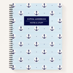 Moderne blaue Anker & Streifen personalisierter Na Notizbuch