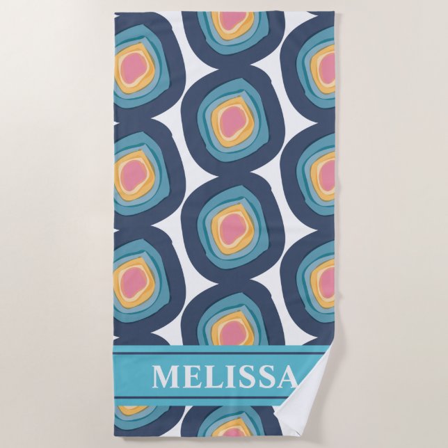 Moderne blaue Aqua-Rosa-Kreise Personalisiert Strandtuch (Vorderseite)