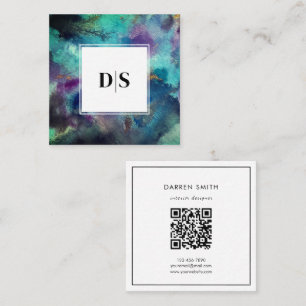 Moderne Blaue Aquarell-Abstrakte QR-Code-Monogramm Quadratische Visitenkarte