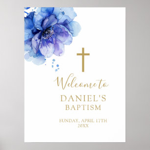 Moderne Blaue Aquarell-Blumen-Tauf-Willkommensschi Poster