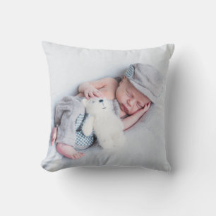 Moderne blaue Baby-Jungen-Foto-Monogramm Kissen