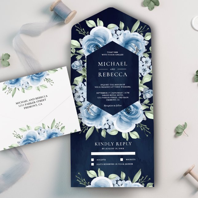 Moderne blaue Blume Bouquet Navy Blue Wedding All In One Einladung (Von Creator hochgeladen)