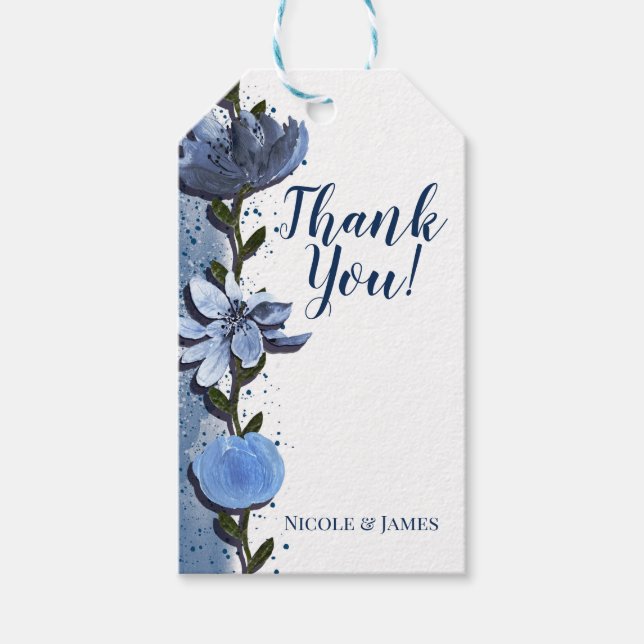 Moderne blaue Blumen Blumenwasser Hochzeit Geschenkanhänger (Vorderseite)