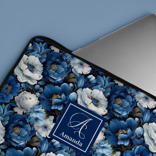 Moderne blaue Blumen Elegante florale Laptop-Hülle Laptopschutzhülle