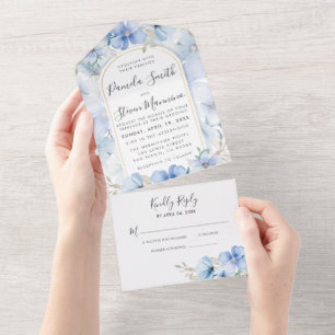 Moderne blaue Blumen-Gartenhochzeit mit RSVP All In One Einladung
