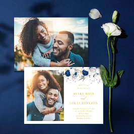 Moderne blaue Blumen & gelbes Foto Hochzeit Einladung