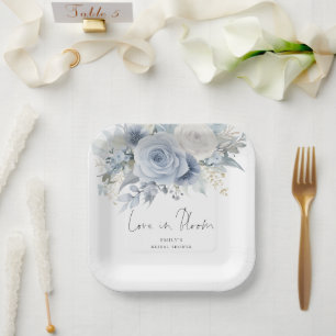 Moderne blaue Blumen 'Love in Bloom' Brautdusche Pappteller