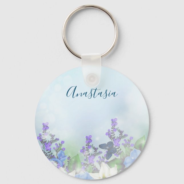 Moderne blaue Blumen Schlüsselanhänger (Vorderseite)