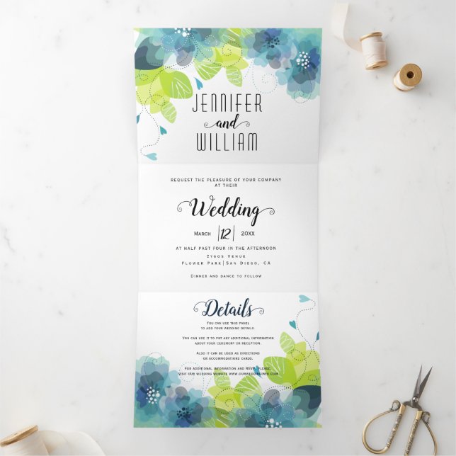 Moderne blaue Blumen, Typografie Blumenhochzeit Dreifach Gefaltete Einladung (Innenseite)