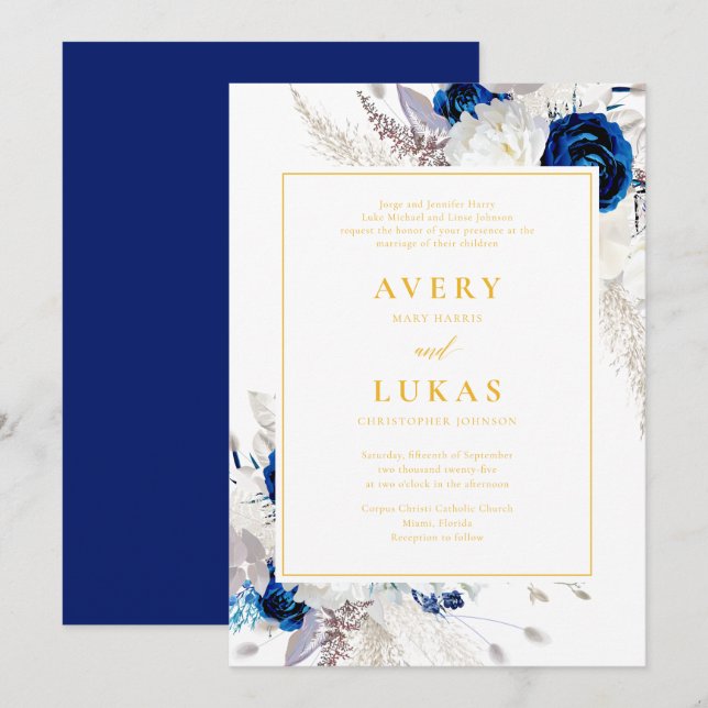 Moderne blaue Blumen und gelbe Hochzeiten Einladung (Vorne/Hinten)