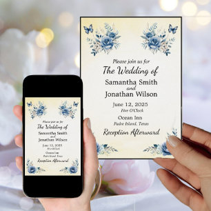 Moderne blaue Blumen und Schmetterlinge Hochzeiten Einladung