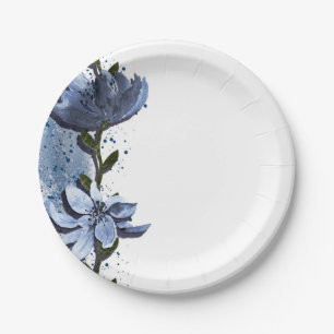 Moderne blaue Blumenblumenwatercolor-Hochzeit Pappteller