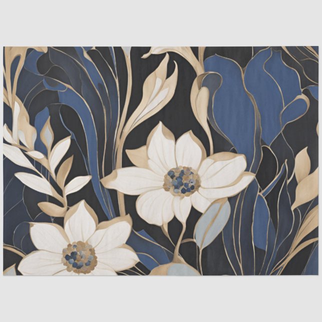 Moderne blaue Blumendekoupage Seidenpapier (Vorderseite)