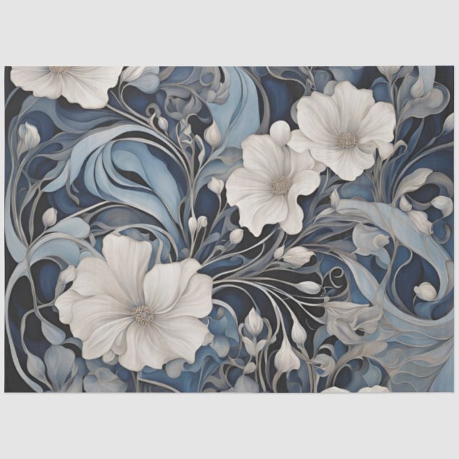 Moderne blaue Blumendekoupage Seidenpapier (Vorderseite)