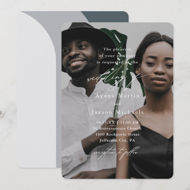 Moderne blaue Bögen 1 Foto Hochzeit Einladung (Vorne/Hinten)