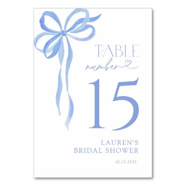 Moderne Blaue Bogen-Wasserfarbe-Script-Brautparty Tischnummer (Vorderseite)