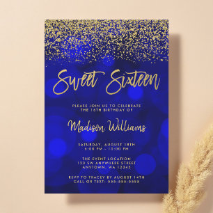 Moderne Blaue Bokeh-Gold-Glitter Sweet 16 Einladung