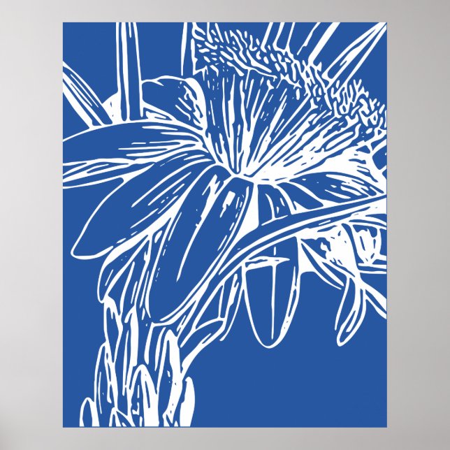 Moderne blaue botanische Blumenlinie Zeichne Artwo Poster (Vorne)